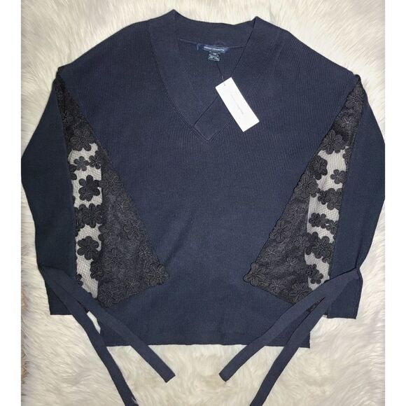 NWT|French Connection Blue/Black Caballo Floral Lace Sleeve Sweater, XS - Picture 6 of 12